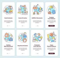 LGBT issues and support onboarding mobile app screen set. Walkthrough 4 steps editable graphic instructions with linear concepts. UI, UX, GUI template vector