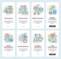 LGBT issues and support onboarding mobile app screen set. Walkthrough 4 steps editable graphic instructions with linear concepts. UI, UX, GUI template vector