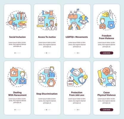 LGBT issues and support onboarding mobile app screen set. Walkthrough 4 steps editable graphic instructions with linear concepts. UI, UX, GUI template