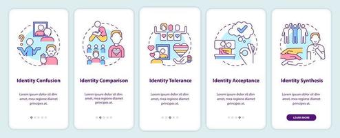 Stages of coming out onboarding mobile app screen. Walkthrough 5 steps editable graphic instructions with linear concepts. UI, UX, GUI template vector