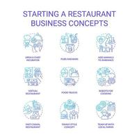 Starting restaurant business blue gradient concept icons set. Food trucks and pubs idea thin line color illustrations. Planning startup. Isolated symbols vector