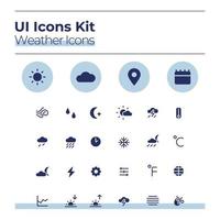 kit de iconos de la interfaz de usuario del tiempo. conjunto de símbolos de vector de glifo de previsión. soleado y nublado. clima cálido, frío. Paquete de botones de aplicación móvil de meteorología en círculos azules. colección de elementos de diseño web