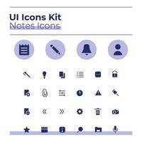 Notes UI icons kit. Private journal glyph vector symbols set. Add image file. Personal diary mobile app buttons in purple circles pack. Web design elements collection