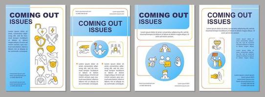 Coming out issues blue brochure template. Sexual orientation. Leaflet design with linear icons. Editable 4 vector layouts for presentation, annual reports