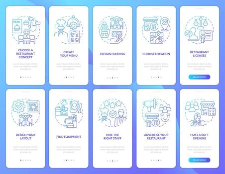 Choosing restaurant ideas blue gradient onboarding mobile app screen set. Walkthrough 5 steps graphic instructions with linear concepts. UI, UX, GUI template vector