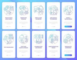 Restaurant business plan blue gradient onboarding mobile app screen set. Walkthrough 5 steps graphic instructions with linear concepts. UI, UX, GUI template vector
