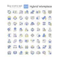 Hybrid workplace RGB color icons set. Telework and in office schedule. Isolated vector illustrations. Simple filled line drawings collection. Editable stroke