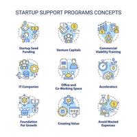 Startup support programs concept icons set. Funding small business idea thin line color illustrations. IT companies. Isolated symbols. Editable stroke vector