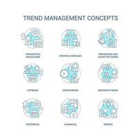 Trend management turquoise concept icons set. Tendencies analysing process. Strategy idea thin line color illustrations. Isolated symbols. Editable stroke vector