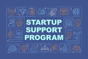 Startup funding program word concepts dark blue banner. Financial aid. Infographics with editable icons on color background. Isolated typography. Vector illustration with text