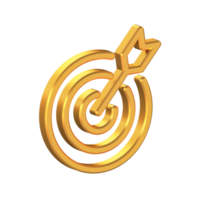 Zielpfeil 3D-Symbol isoliert mit transparentem Hintergrund, goldene Textur, 3D-Rendering png