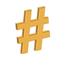 Hashtag-Symbol isoliert mit transparentem Hintergrund, goldene Textur, 3D-Rendering png