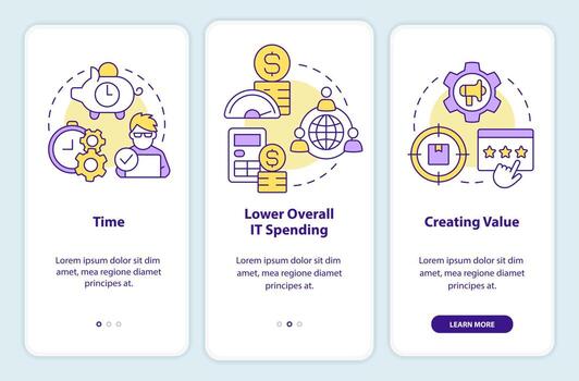 Startup consulting fields onboarding mobile app screen. Creating value walkthrough 3 steps editable graphic instructions with linear concepts. UI, UX, GUI template vector