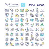 Online tutorials RGB color icons set. Educational content. Elearning. Isolated vector illustrations. Simple filled line drawings collection. Editable stroke
