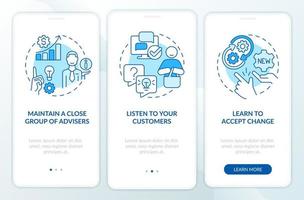 Ways to identify trends blue onboarding mobile app screen. Business walkthrough 3 steps editable graphic instructions with linear concepts. UI, UX, GUI template vector