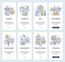 Funding options for startups onboarding mobile app screen set. Walkthrough 4 steps editable graphic instructions with linear concepts. UI, UX, GUI template vector