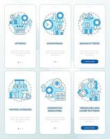Types of trends blue onboarding mobile app screen set. Trading walkthrough 3 steps editable graphic instructions with linear concepts. UI, UX, GUI template vector