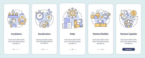 Startup support types onboarding mobile app screen. Accelerators, hubs walkthrough 5 steps editable graphic instructions with linear concepts. UI, UX, GUI template vector