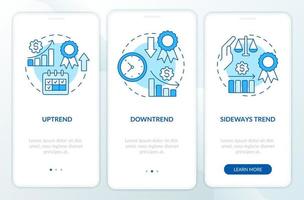 Types of trends blue onboarding mobile app screen. Stock market walkthrough 3 steps editable graphic instructions with linear concepts. UI, UX, GUI template vector