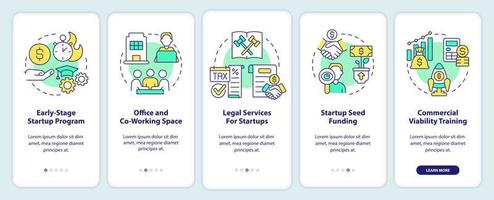 Startup programs onboarding mobile app screen. Legal services walkthrough 5 steps editable graphic instructions with linear concepts. UI, UX, GUI template vector