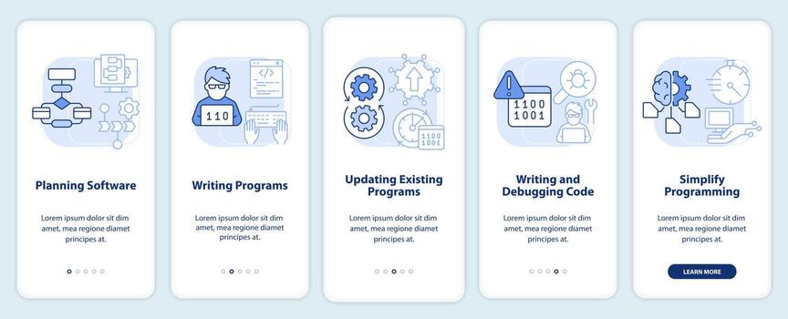 Programming skills light blue onboarding mobile app screen. Walkthrough 5 steps graphic instructions pages with linear concepts. UI, UX, GUI template vector