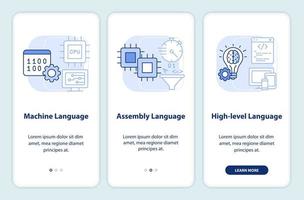 Types of computer languages light blue onboarding mobile app screen. Walkthrough 3 steps graphic instructions pages with linear concepts. UI, UX, GUI template vector