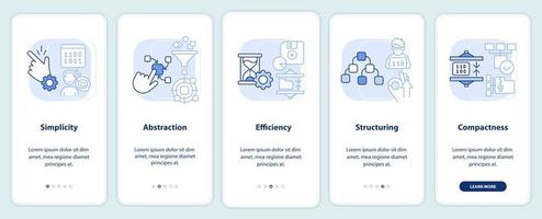 Features of programming languages light blue onboarding mobile app screen. Walkthrough 5 steps instructions pages with linear concepts. UI, UX, GUI template vector