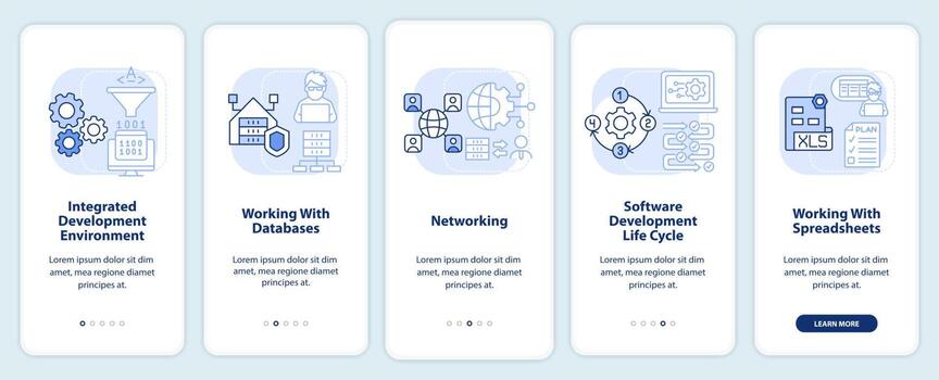 Habilidades de creación de programas pantalla de aplicación móvil de incorporación azul claro. tutorial 5 pasos páginas de instrucciones gráficas con conceptos lineales. interfaz de usuario, ux, plantilla de interfaz gráfica de usuario vector