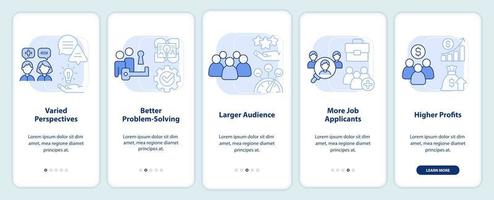 Workplace diversity benefits light blue onboarding mobile app screen. Walkthrough 5 steps editable graphic instructions with linear concepts. UI, UX, GUI template vector