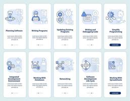 Professional programmer skills light blue onboarding mobile app screen set. Walkthrough 5 steps graphic instructions with linear concepts. UI, UX, GUI template vector