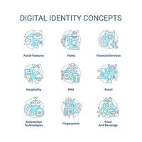 conjunto de iconos de concepto turquesa de identidad digital. ideas de tecnología biométrica ilustraciones en color de línea delgada. información personal. símbolos aislados. trazo editable vector