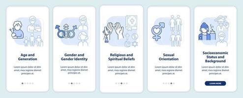 Types of diversity light blue onboarding mobile app screen. Difference walkthrough 5 steps editable graphic instructions with linear concepts. UI, UX, GUI template vector