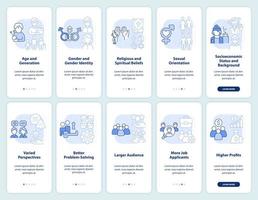 Diversity and inclusion light blue onboarding mobile app screen set. Walkthrough 5 steps editable graphic instructions with linear concepts. UI, UX, GUI template vector