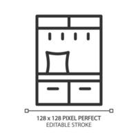 Hall tree pixel perfect linear icon. Cabinet storage with coat hooks and bench. Contemporary home furniture store. Thin line illustration. Contour symbol. Vector outline drawing. Editable stroke