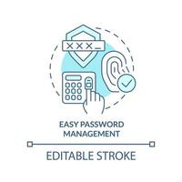 Easy password management turquoise concept icon. Biometric authentication benefit abstract idea thin line illustration. Isolated outline drawing. Editable stroke vector