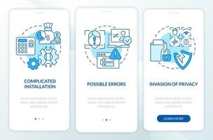 Biometric technology drawbacks blue onboarding mobile app screen. Walkthrough 3 steps editable graphic instructions with linear concepts. UI, UX, GUI template vector