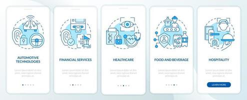 Biometric technology using blue onboarding mobile app screen. Access walkthrough 5 steps editable graphic instructions with linear concepts. UI, UX, GUI template vector