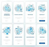 Usage of biometric technology blue onboarding mobile app screen set. Walkthrough 4 steps editable graphic instructions with linear concepts. UI, UX, GUI template vector