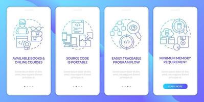 Procedural programming pros blue gradient onboarding mobile app screen. Walkthrough 4 steps graphic instructions with linear concepts. UI, UX, GUI template vector