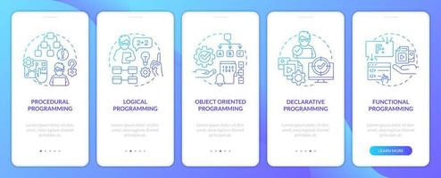 tipos de estilos de programación pantalla de aplicación móvil de incorporación de degradado azul. tutorial de codificación instrucciones gráficas de 5 pasos con conceptos lineales. interfaz de usuario, ux, plantilla de interfaz gráfica de usuario vector