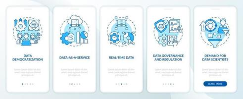 Data science trends blue onboarding mobile app screen. Development walkthrough 5 steps editable graphic instructions with linear concepts. UI, UX, GUI template vector
