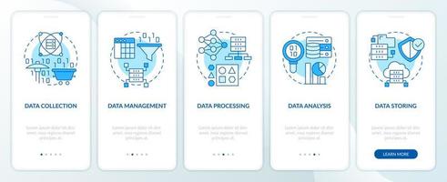 Data processing stages blue onboarding mobile app screen. Technology walkthrough 5 steps editable graphic instructions with linear concepts. UI, UX, GUI template vector