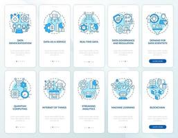 Conjunto de pantallas de aplicaciones móviles de integración azul de tendencias de tecnología de ciencia de datos. tutorial 5 pasos instrucciones gráficas editables con conceptos lineales. interfaz de usuario, ux, plantilla de interfaz gráfica de usuario vector