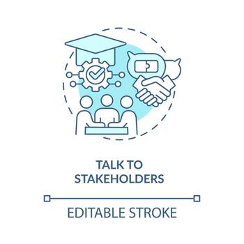 Talk to stakeholders blue concept icon. Launching school learning management system abstract idea thin line illustration. Isolated outline drawing. Editable stroke vector