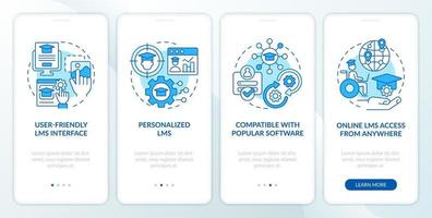 Learning management system features blue onboarding mobile app screen. Walkthrough 4 steps editable graphic instructions with linear concepts. UI, UX, GUI template vector