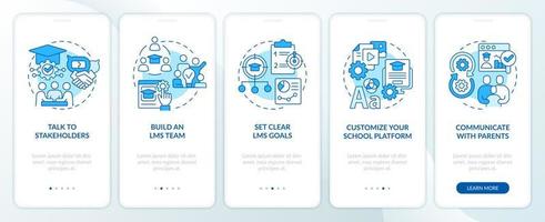 Launching school LMS blue onboarding mobile app screen. Walkthrough 5 steps editable graphic instructions with linear concepts. UI, UX, GUI template vector
