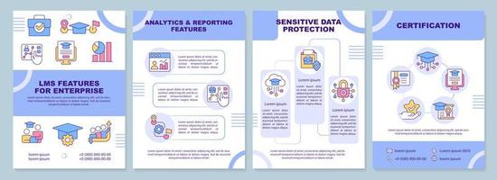 LMS features for enterprise blue brochure template. Leaflet design with linear icons. Editable 4 vector layouts for presentation, annual reports
