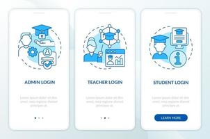 Learning management system access blue onboarding mobile app screen. Walkthrough 3 steps editable graphic instructions with linear concepts. UI, UX, GUI template vector