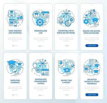Learning management system blue onboarding mobile app screen. Walkthrough 4 steps editable graphic instructions with linear concepts. UI, UX, GUI template vector