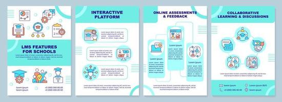 LMS features for school green brochure template. Leaflet design with linear icons. Editable 4 vector layouts for presentation, annual reports